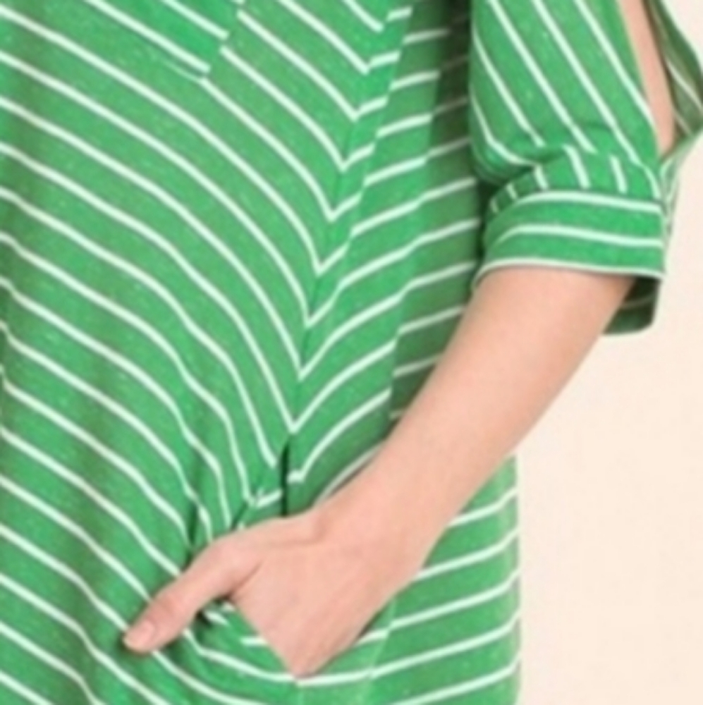 Umgee Oversized Kelly Green Striped Cotton Blend Dress w/ POCKETS, Size small - Picture 4 of 9